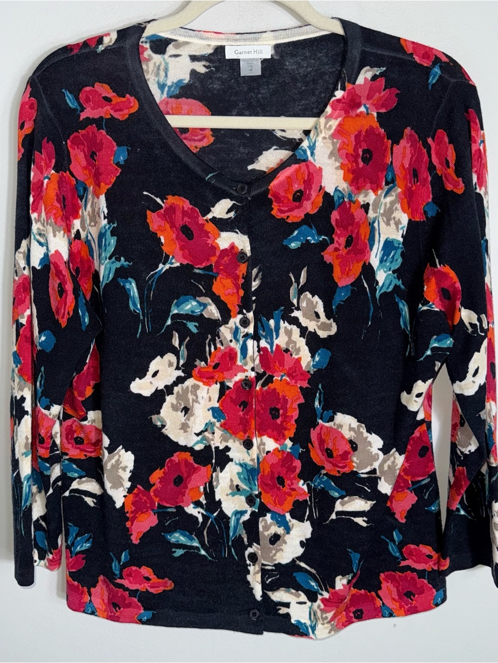 Garnet Hill 100% Merino Wool Cardigan Sweater-Floral-3/4 Sleeves-Size XL